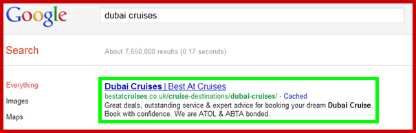 The screenshot below shows our client’s webpage in Position 1 of Google ahead of 7.65 million results.